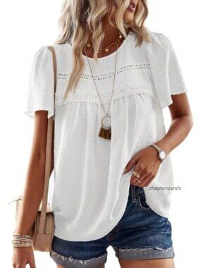 Women's Boho Tunic Top - Crochet Lace Short Sleeve Flowy Casual Blouse